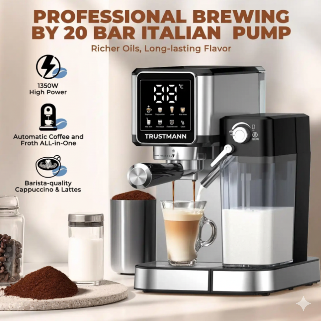 Machine à Café Expresso et Lait inox TRUSTMANN 20 Bar – 6 En 1 1350W