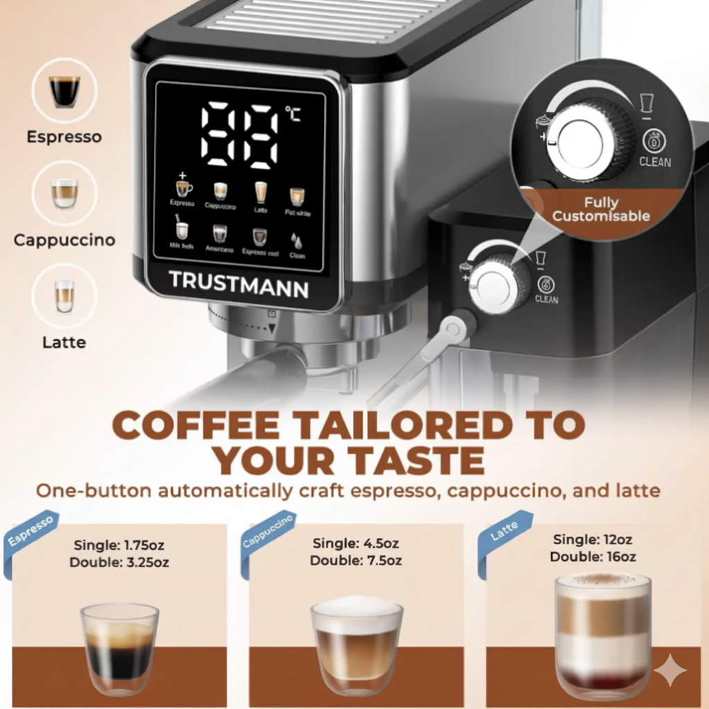 Machine à Café Expresso et Lait inox TRUSTMANN 20 Bar – 6 En 1 1350W