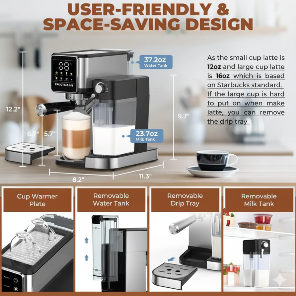 Machine à Café Expresso et Lait inox TRUSTMANN 20 Bar – 6 En 1 1350W
