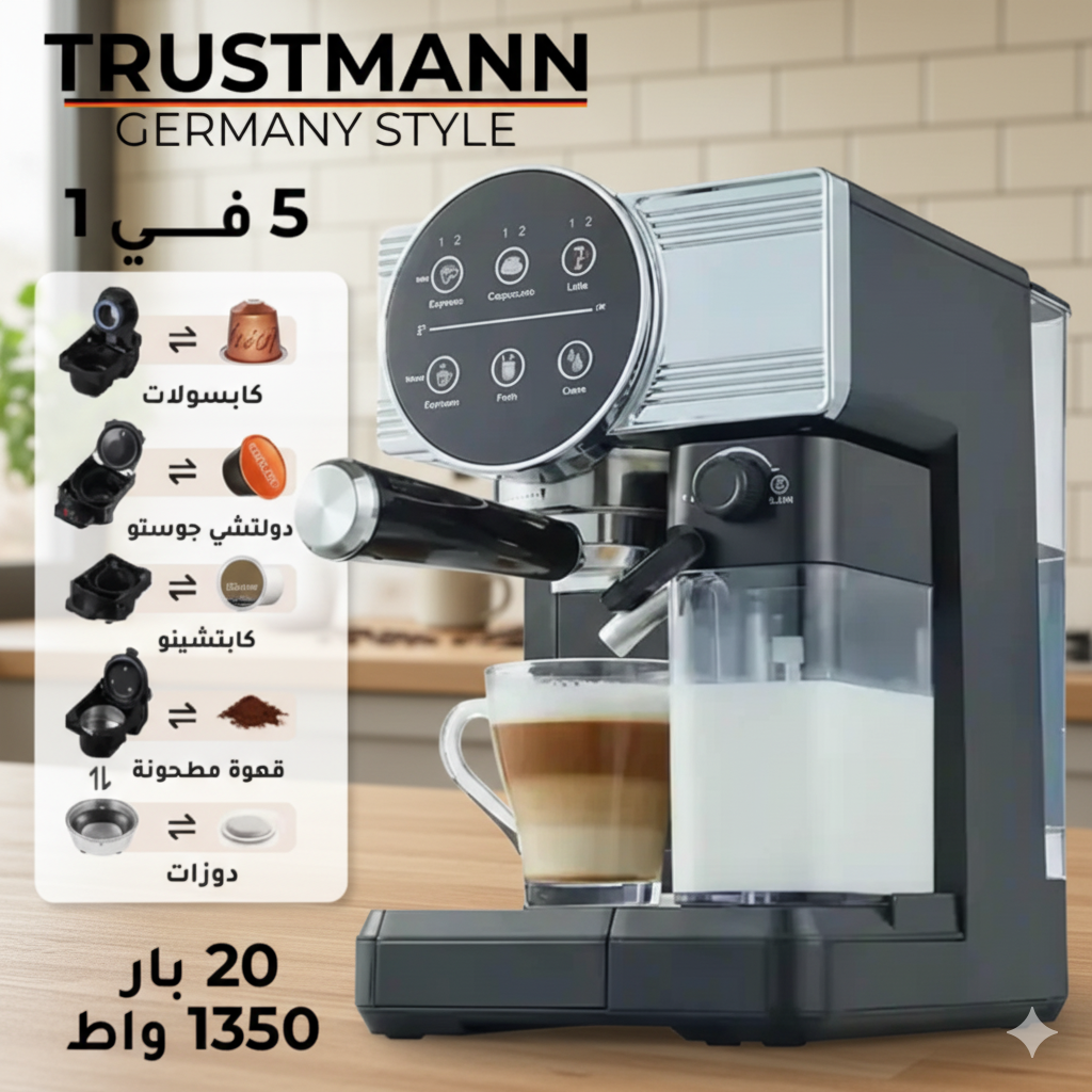 Machine à café et Lait inox 5 en1 Multi Capsules 1350W 20 Bar TRUSTMANN