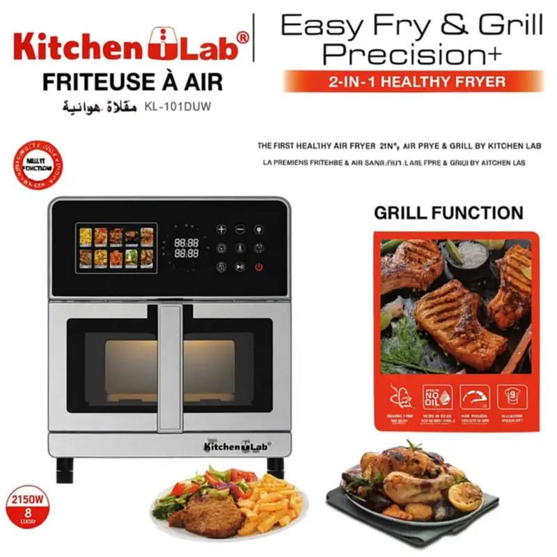 AirFryer inox XL 8L 2150W Double Résistances Avec 10 Programmes 200° KitchenLab